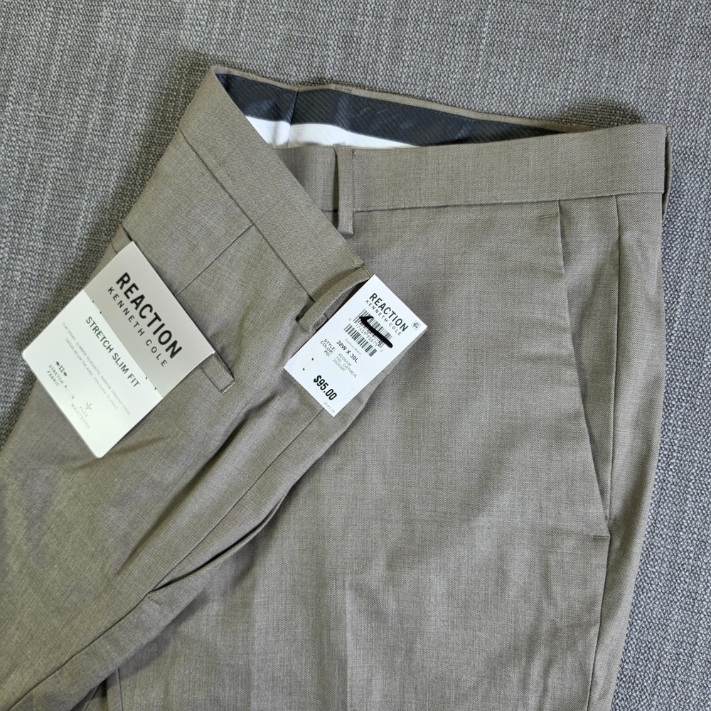 NEW Kenneth Cole Reaction Dress Pants Men 38/30 Oatmeal Stretch Slim Fit KD00436